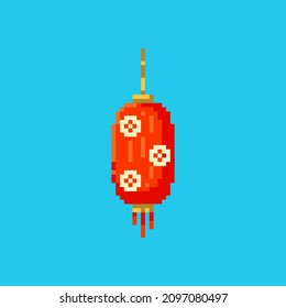 Pixel art paper lantern icon. Vector 8 bit style illustration of Chinese lantern or lamp. Isolated red and gold holiday element of retro video game computer graphic.