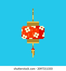 Pixel art paper lantern icon. Vector 8 bit style illustration of Chinese lantern or lamp. Isolated red and gold holiday element of retro video game computer graphic.