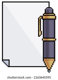 Pixel art paper and pen vector icon for 8bit game on white background