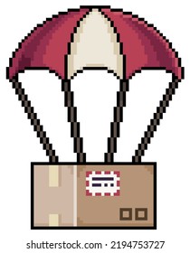 Pixel art parachute with package and box vector icon for 8bit game on white background
