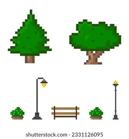 Pixel art park element, trees, bench, bush, street light for design scene for 8 bit game