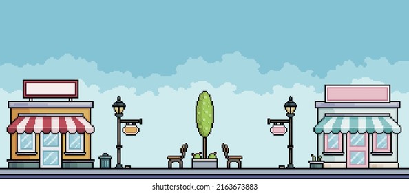 Parque de arte Pixel con tiendas, árbol, poste de lámpara. Paisaje urbano. Fondo de Cityscape para juego de 8 bits

