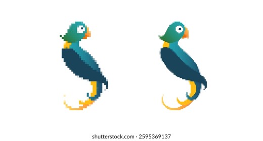 A pixel art parrot with vibrant blue and green feathers, featuring a playful and creative design.