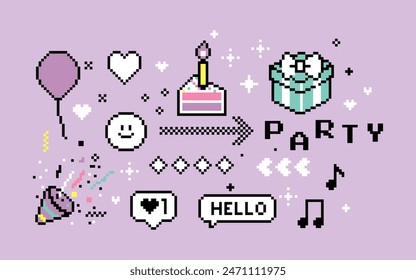 Pixel art party concept. Birthday cake, candle, present, ballon, holiday, confetti. Y2k trendy playful pixelated stickers, tags, stamps. Mood of 90's aesthetics. 8-bit retro style vector illustration