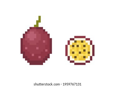 Pixel art passion fruit icon. Pixel retro game passion fruit symbol. 8 bit or 16 bit style passion fruit icon for game or web design. Cute Flat Vector pixel art purple fruit or berry icon.