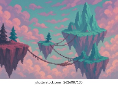 Pixel art pastel sky with floating islands linked by rope bridges, turquoise cliffs and evergreen trees. Dreamy 16‑bit fantasy background perfect for retro games and magical worlds.