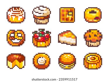 Conjunto De Obras De Arte Pixel. Pegatinas de estilo de 8 bits de panadería pixelada Pan and Cakes - Rollo de canela, quequito, gofre, donut, pretzel, queso, tarta de Berry, muffin, esponja y torta de luna, 