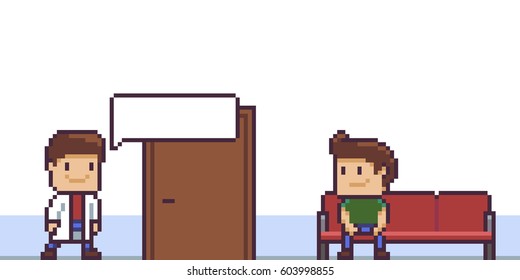 Pixel art patient and doctor with speech bubble, 8-bit characters in clinic hall