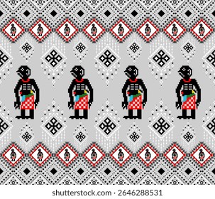 Patrón de arte de píxeles inspirado en Nang Talung, títeres de sombra tailandeses tradicionales. Presenta motivos textiles étnicos y Elementos geométricos, ideales para diseños culturales, telas y temas del sudeste asiático.