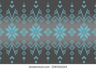 Pixel art pattern with Nordic-inspired geometric snowflakes and ornaments in cool blue tones on a dark gradient background. Seamless and symmetrical, perfect for textiles, wallpapers, and digital desi