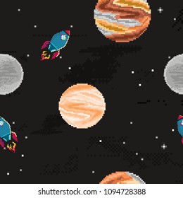 Pixel art pattern. Planets, spaceships. Retro game design interface. Pixel art background. 8 bit. 