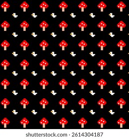 Pixel art pattern with red mushrooms and ducks on black background
