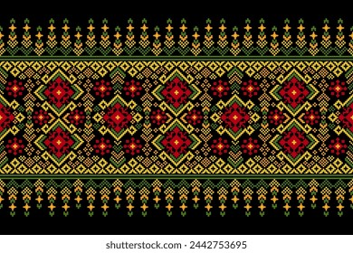 Patrones de arte de píxeles fondo negro tradicional folk, patrón étnico geométrico sin fisuras ilustración vectorial Diseño para punto de cruz Alfombra Papel tapiz Ropa Textil Tela Envoltura Batik Bordado