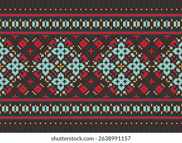 Pixel art patterns folk traditional black background, geometric ethnic seamless pattern vector illustration Design for Cross stitch Carpet Wallpaper Clothing Texti Fabric Wrapping Batik Embroidery
