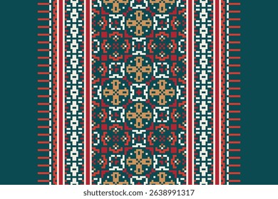 Pixel art patterns folk traditional black background, geometric ethnic seamless pattern vector illustration Design for Cross stitch Carpet Wallpaper Clothing Texti Fabric Wrapping Batik Embroidery