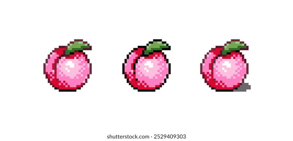Pixel Art Peach Icon Vector Illustration. Pink Peach Fruit Graphic Isolated Sticker. Retro 8 Bit Japanese Peach for Video Game, Mobile, Web. Food Digital Element. Digital Art Asset