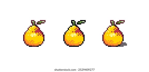Pixel Art Pear Icon Vector Illustration. Fruit Graphic Isolated Sticker. Retro 8 Bit Pear for Video Game, Mobile, Web. Food Digital Element. Digital Art Asset