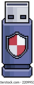 
Pixel art pen drive with shield, secure device vector icon for 8bit game on white background
