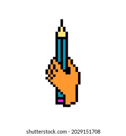 Pixel art pencil in a hand symbol isolated on white background. Office, school supply icon. 8 bit stationery pictogram. Old school vintage retro 80s, 90s 2d computer, video game, slot machine graphics