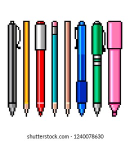 Pixel art pencils and pens detailed illustration isolated vector