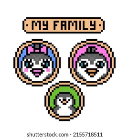 Pixel Art Penguin Family Pictures In Round Wooden Frames, Genealogy Poster. Old School Retro 80's, 90's 8 Bit Slot Machine, Computer, Video Game Graphics. Mother, Father, Child  Portraits On White.