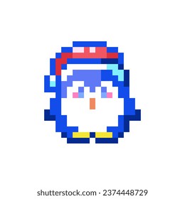 Pixel Art Penguin. Retro 8 bit Style Merry Christmas and Happy New Year Winter Holidays Character Illustration. Penguin in Santa Hat Sticker, Retro Decorative Element, Game Emoji, Avatar.	