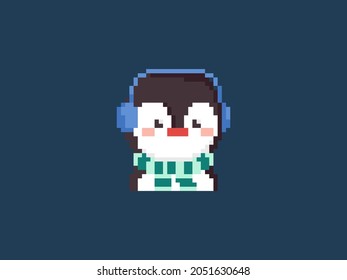 Pixel art penguin in a scarf and warm ears. Vector 8 bit style retro illustration of winter animal. Isolated winter avatar.
