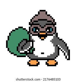 Pixel Art Penguin Thief In An Eye Mask And Beanie Hat With A Money Bag Isolated On White. 8 Bit Animal Bank Robber. Old School Vintage Retro 80s, 90s 2d Computer, Video Game, Slot Machine Graphics.