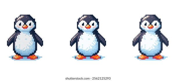 Pixel art penguin with a white belly, black body, and orange beak and feet, standing on a light blue surface