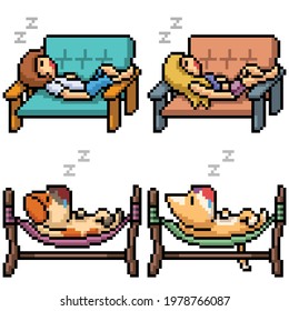 pixel art of people animal take a nap