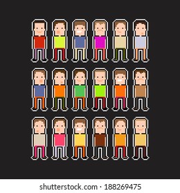 Pixel art people with black and white contour