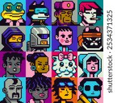 Pixel art people character set, man, woman, girl, guy, avatar, social net portrait, profile picture. Design of 80s. Game assets. 8-bit. Isolated vector illustration background.