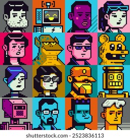 Pixel arte pessoas conjunto de personagens, homem, mulher, menina, cara, avatar, retrato de rede social, imagem de perfil. Design dos anos 80. Ativos do jogo. 8 bits. Plano de fundo de ilustração de vetor isolado.