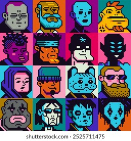 Pixel arte pessoas conjunto de personagens, homem, mulher, menina, cara, avatar, retrato de rede social, imagem de perfil. Design dos anos 80. Ativos do jogo. 8 bits. Plano de fundo de ilustração de vetor isolado.