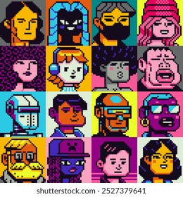 Pixel arte pessoas conjunto de personagens, homem, mulher, menina, cara, avatar, retrato de rede social, imagem de perfil. Design dos anos 80. Ativos do jogo. 8 bits. Plano de fundo de ilustração de vetor isolado.