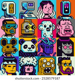 Pixel arte pessoas conjunto de personagens, homem, mulher, menina, cara, avatar, retrato de rede social, imagem de perfil. Design dos anos 80. Ativos do jogo. 8 bits. Plano de fundo de ilustração de vetor isolado.