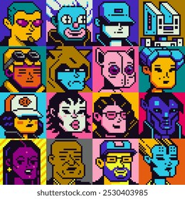 Pixel arte pessoas conjunto de personagens, homem, mulher, menina, cara, avatar, retrato de rede social, imagem de perfil. Design dos anos 80. Ativos do jogo. 8 bits. Plano de fundo de ilustração de vetor isolado.