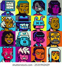 Pixel arte pessoas conjunto de personagens, homem, mulher, menina, cara, avatar, retrato de rede social, imagem de perfil. Design dos anos 80. Ativos do jogo. 8 bits. Plano de fundo de ilustração de vetor isolado.