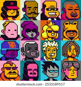 Pixel art people character set, man, woman, girl, guy, avatar, social net portrait, profile picture. Design of 80s. Game assets. 8-bit. Isolated vector illustration background.