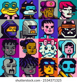 Pixel art people character set, man, woman, girl, guy, avatar, social net portrait, profile picture. Design of 80s. Game assets. 8-bit. Isolated vector illustration background.