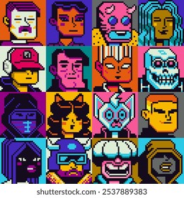 Pixel art people character set, man, woman, girl, guy, avatar, social net portrait, profile picture. Design of 80s. Game assets. 8-bit. Isolated vector illustration background.