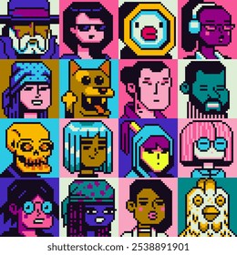 Pixel arte pessoas conjunto de personagens, homem, mulher, menina, cara, avatar, retrato de rede social, imagem de perfil. Design dos anos 80. Ativos do jogo. 8 bits. Plano de fundo de ilustração de vetor isolado.