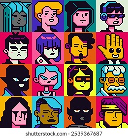 Pixel arte pessoas conjunto de personagens, homem, mulher, menina, cara, avatar, retrato de rede social, imagem de perfil. Design dos anos 80. Ativos do jogo. 8 bits. Plano de fundo de ilustração de vetor isolado.