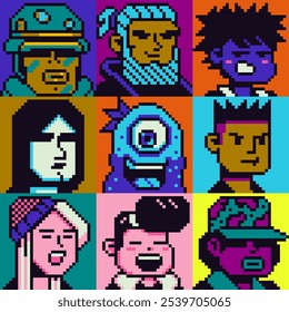 Pixel arte pessoas conjunto de personagens, homem, mulher, menina, cara, avatar, retrato de rede social, imagem de perfil. Design dos anos 80. Ativos do jogo. 8 bits. Plano de fundo de ilustração de vetor isolado.