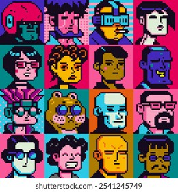 Pixel arte pessoas conjunto de personagens, homem, mulher, menina, cara, avatar, retrato de rede social, imagem de perfil. Design dos anos 80. Ativos do jogo. 8 bits. Plano de fundo de ilustração de vetor isolado.