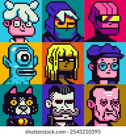 Pixel art people character set, man, woman, girl, guy, avatar, social net portrait, profile picture. Design of 80s. Game assets. 8-bit. Isolated vector illustration background.
