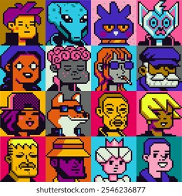 Pixel arte pessoas conjunto de personagens, homem, mulher, menina, cara, avatar, retrato de rede social, imagem de perfil. Design dos anos 80. Ativos do jogo. 8 bits. Plano de fundo de ilustração de vetor isolado.