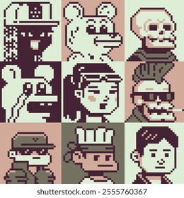 Pixel art people character set, man, woman, girl, guy, avatar, social net portrait, profile picture. Design of 80s. Game assets. 8-bit. Isolated vector illustration background.