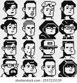 Pixel art people character set, man, woman, girl, guy, avatar, social net portrait, profile picture. Design of 80s. Game assets. 1-bit. Isolated vector illustration background.