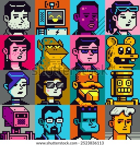 Pixel art people character set, man, woman, girl, guy, avatar, social net portrait, profile picture. Design of 80s. Game assets. 8-bit. Isolated vector illustration background.